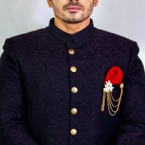 Portrait of a handsome Indian groom wearing traditional embroidered sherwani indoors.